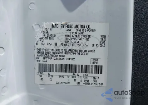 2012 Ford F-150 Xl из США, поврежденный, VIN 1FTMF1CM2CKD53322